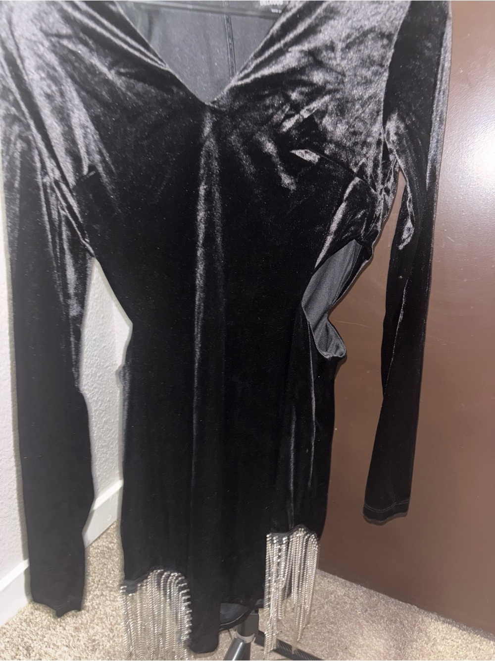 Hot & Delicious Black Velvet Long Sleeve Top with Silver Fringe